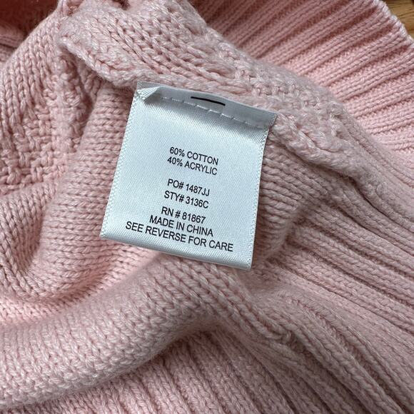 KIKIT NWT Pink Cable Knit Fringe Sleeve Trim Crew Neck Sweater Size L Rib Trim - Picture 7 of 10